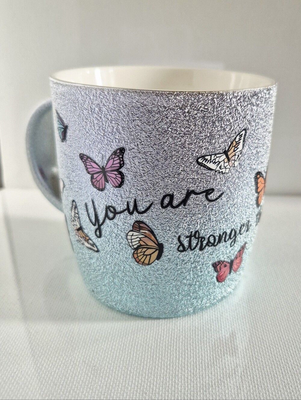 You Are Stronger Glitter Than You Think Butterfly Mug Blue Purple Glitter